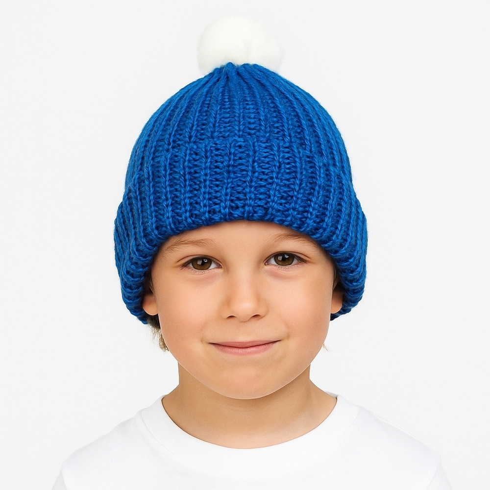Hand Knit Child's Blue Hat With White Pompom